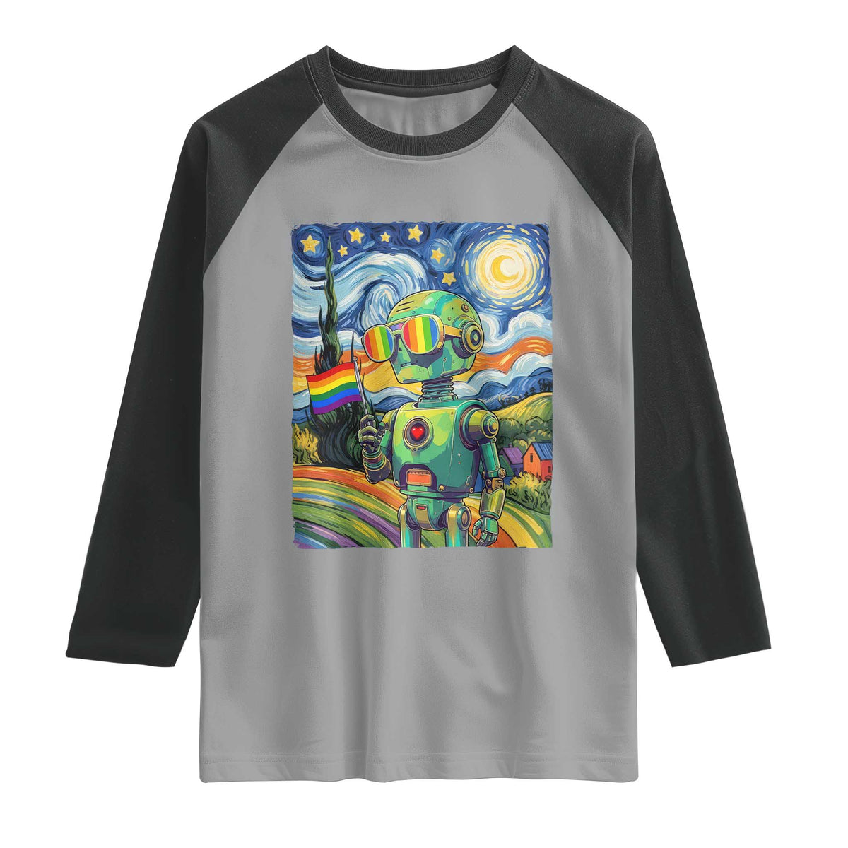 Funny Rainbow Starry Night Robot Pride Raglan Shirt LGBTQ Geeky Gift TS12 Sport Gray Black Print Your Wear