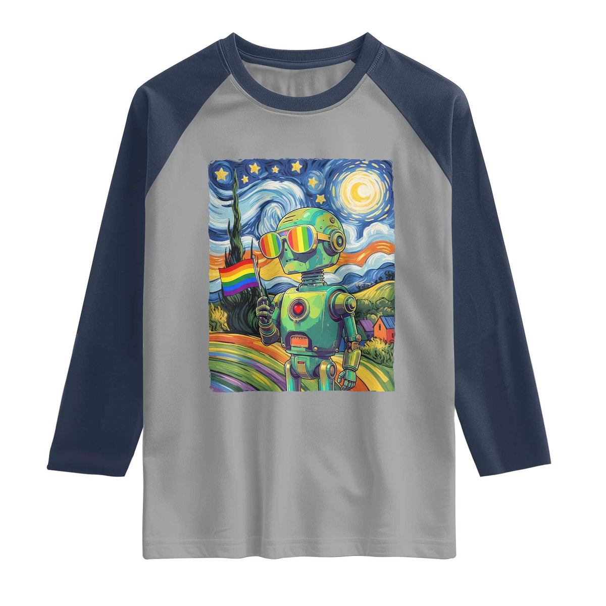 Funny Rainbow Starry Night Robot Pride Raglan Shirt LGBTQ Geeky Gift TS12 Sport Gray Navy Print Your Wear