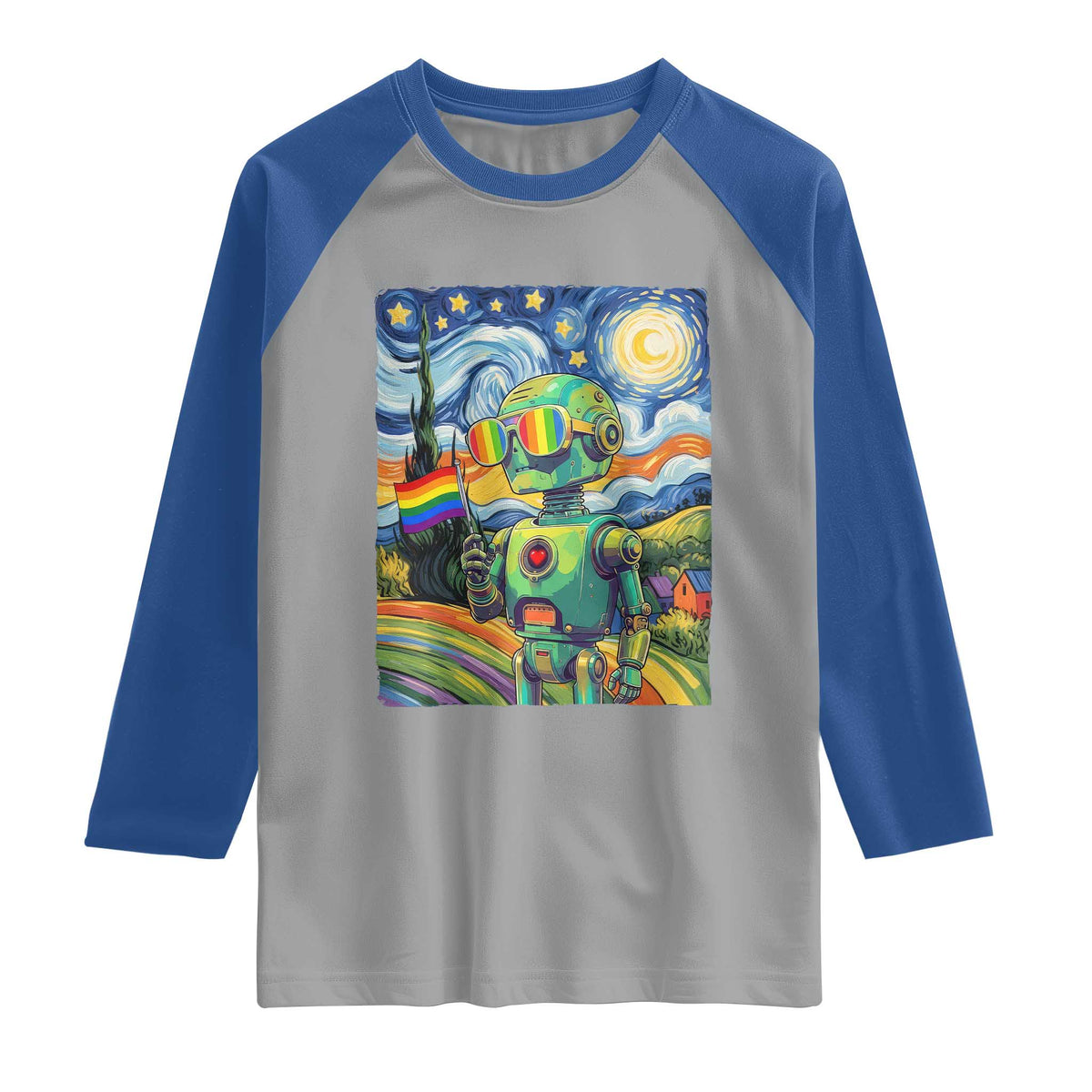Funny Rainbow Starry Night Robot Pride Raglan Shirt LGBTQ Geeky Gift TS12 Sport Gray Royal Print Your Wear