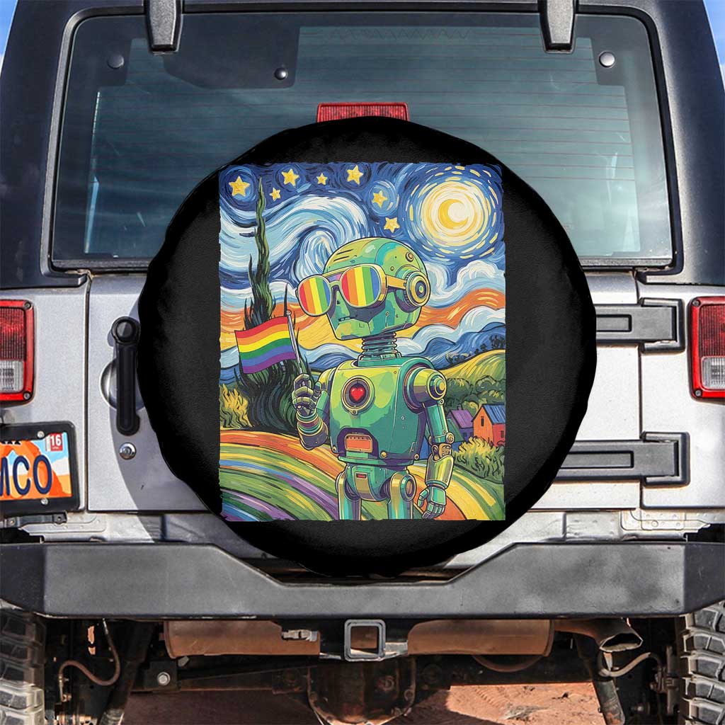 Funny Rainbow Starry Night Robot Pride Spare Tire Cover LGBTQ Geeky Gift TS12 No hole Black Print Your Wear