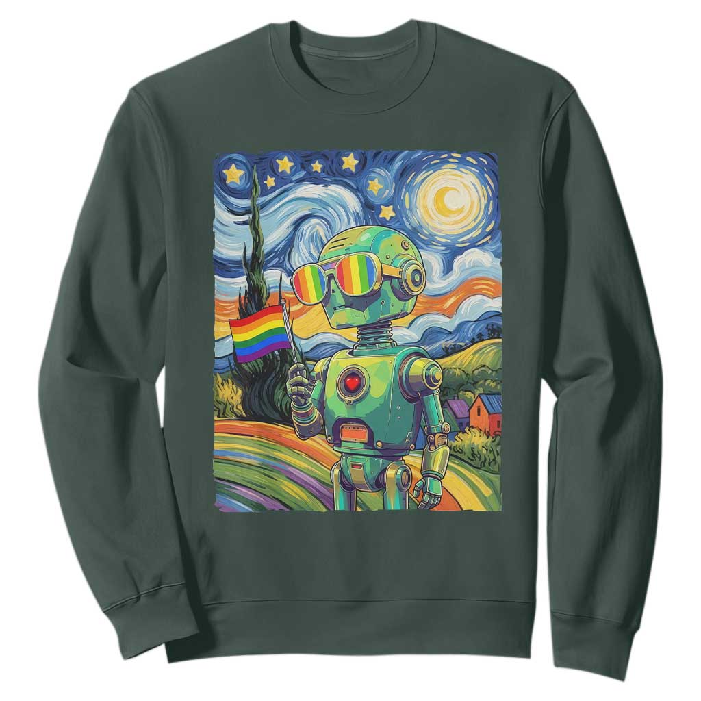 Funny Rainbow Starry Night Robot Pride Sweatshirt LGBTQ Geeky Gift TS12 Dark Forest Green Print Your Wear
