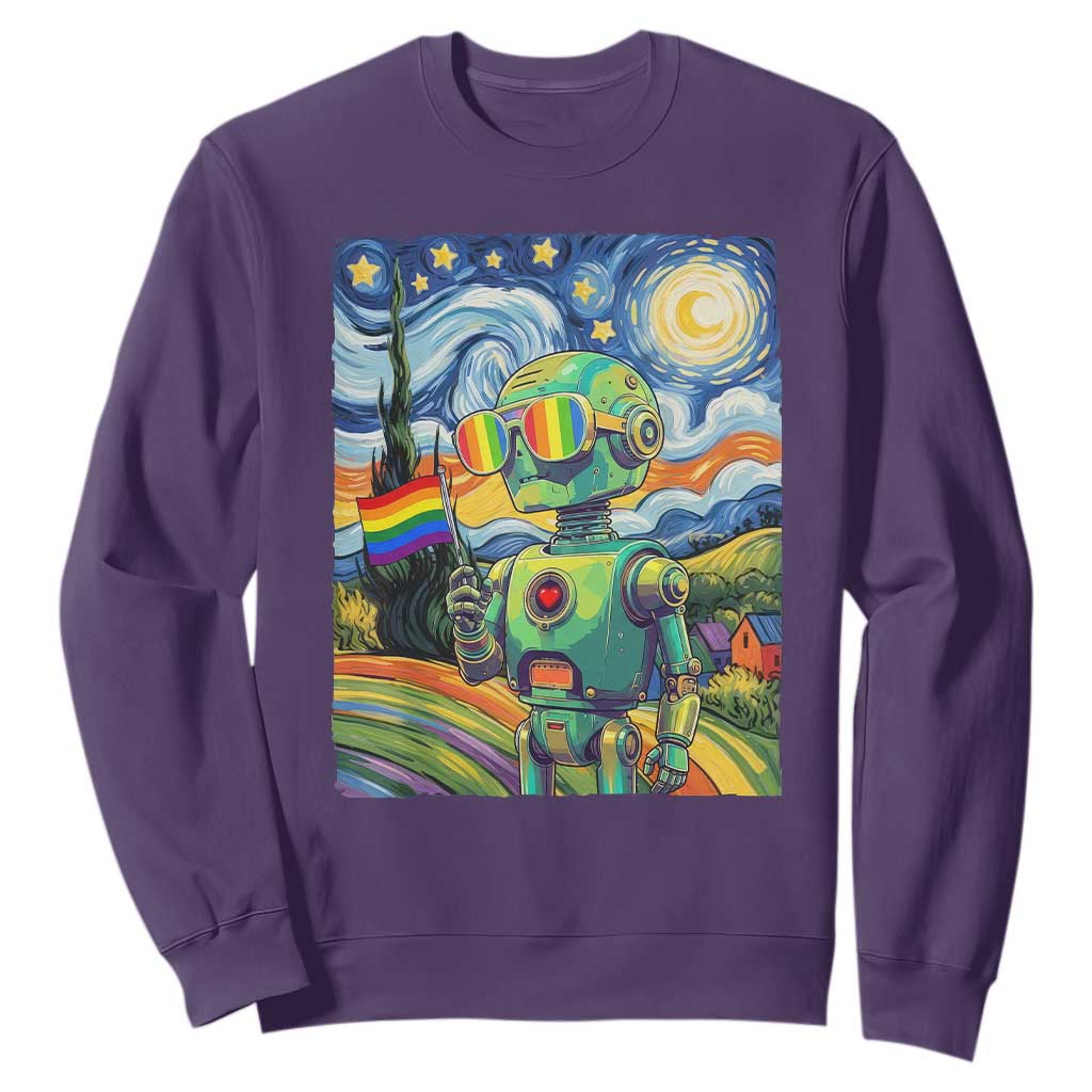 Funny Rainbow Starry Night Robot Pride Sweatshirt LGBTQ Geeky Gift TS12 Purple Print Your Wear