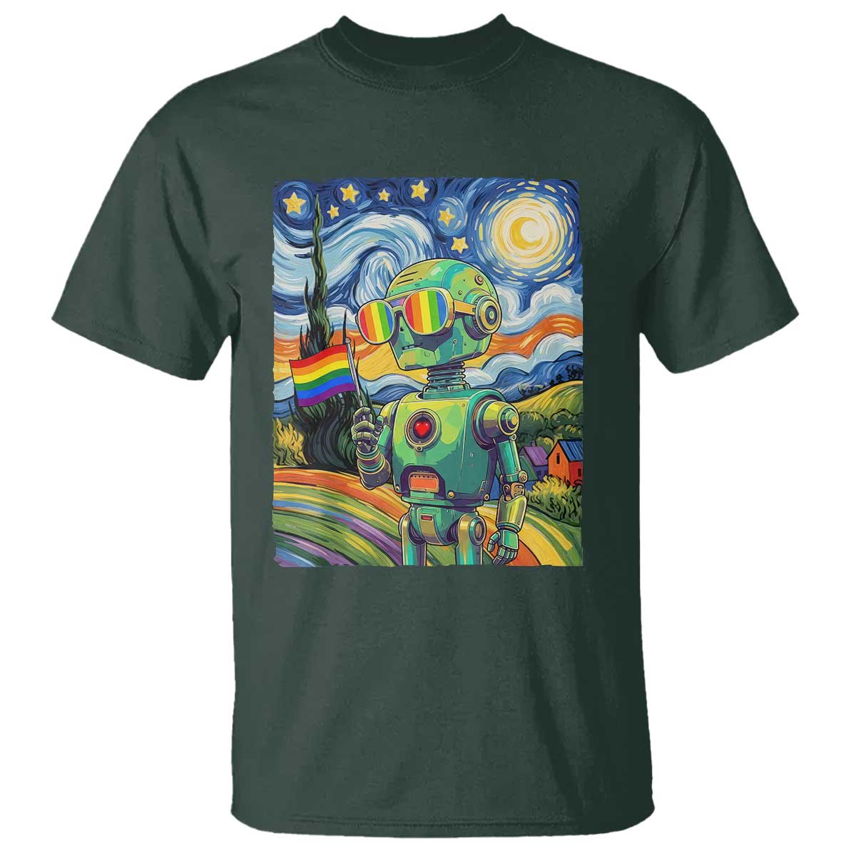 Funny Rainbow Starry Night Robot Pride T Shirt LGBTQ Geeky Gift TS12 Dark Forest Green Print Your Wear