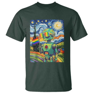 Funny Rainbow Starry Night Robot Pride T Shirt LGBTQ Geeky Gift TS12 Dark Forest Green Print Your Wear
