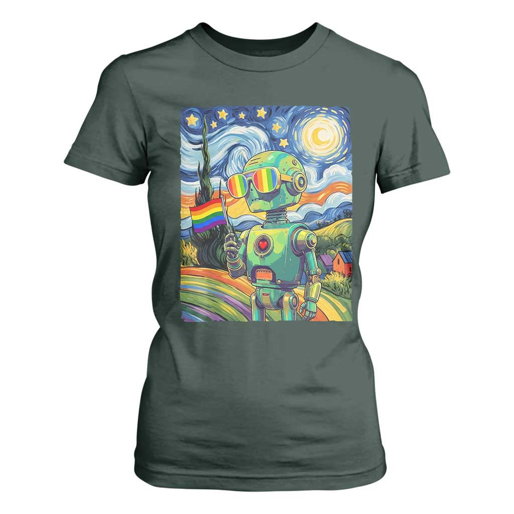Funny Rainbow Starry Night Robot Pride T Shirt For Women LGBTQ Geeky Gift TS12 Dark Forest Green Print Your Wear