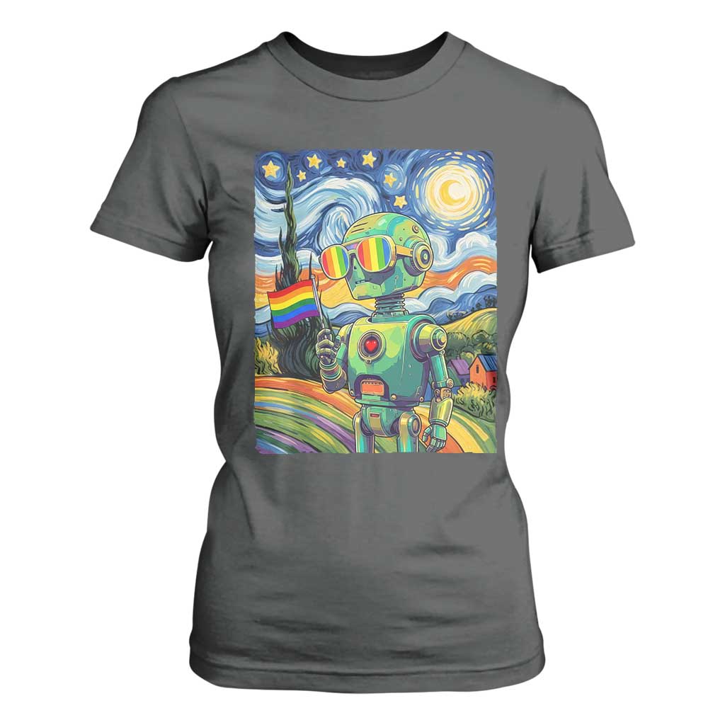 Funny Rainbow Starry Night Robot Pride T Shirt For Women LGBTQ Geeky Gift TS12 Dark Heather Print Your Wear