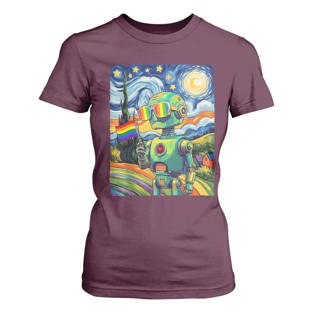 Funny Rainbow Starry Night Robot Pride T Shirt For Women LGBTQ Geeky Gift TS12 Maroon Print Your Wear