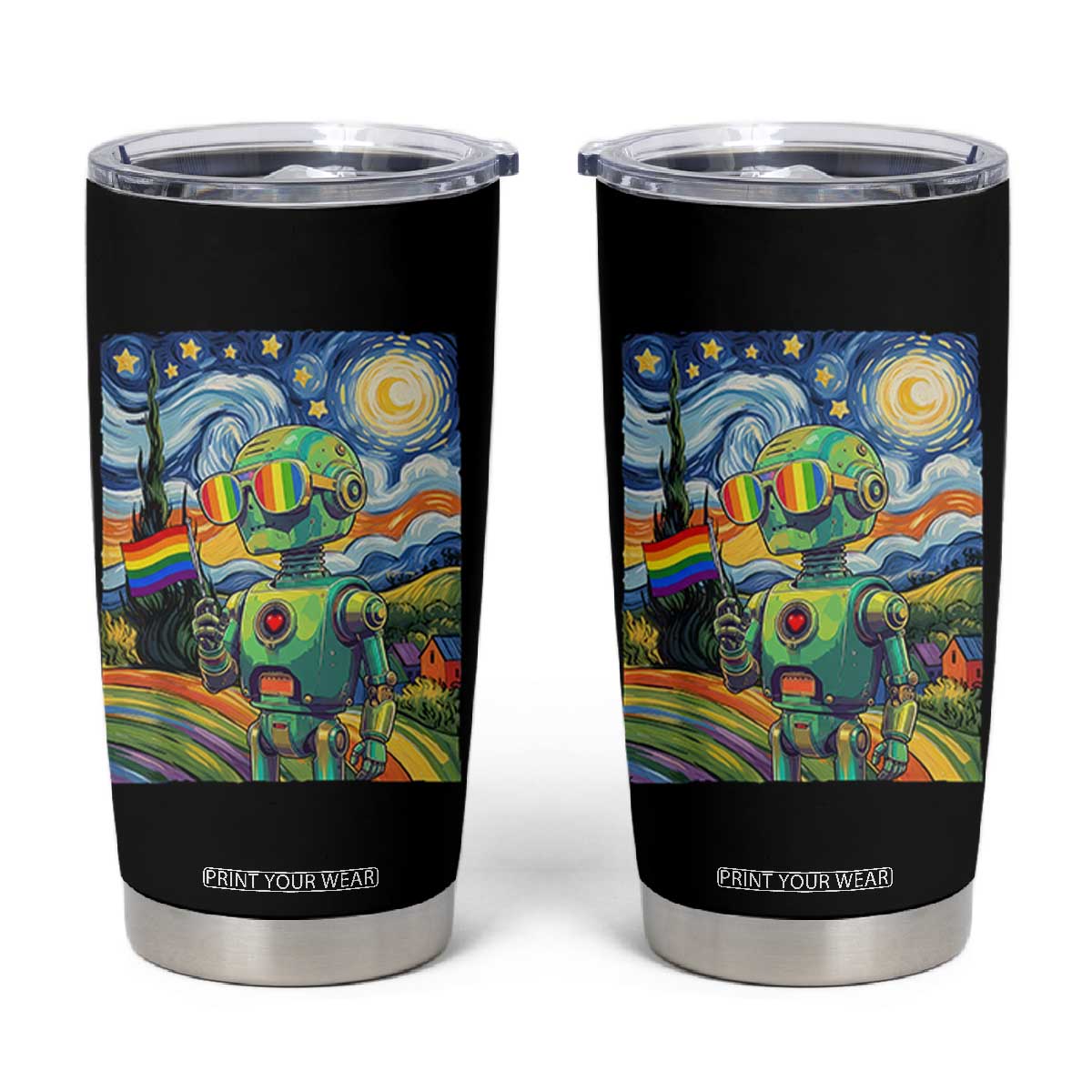 Funny Rainbow Starry Night Robot Pride Tumbler Cup LGBTQ Geeky Gift