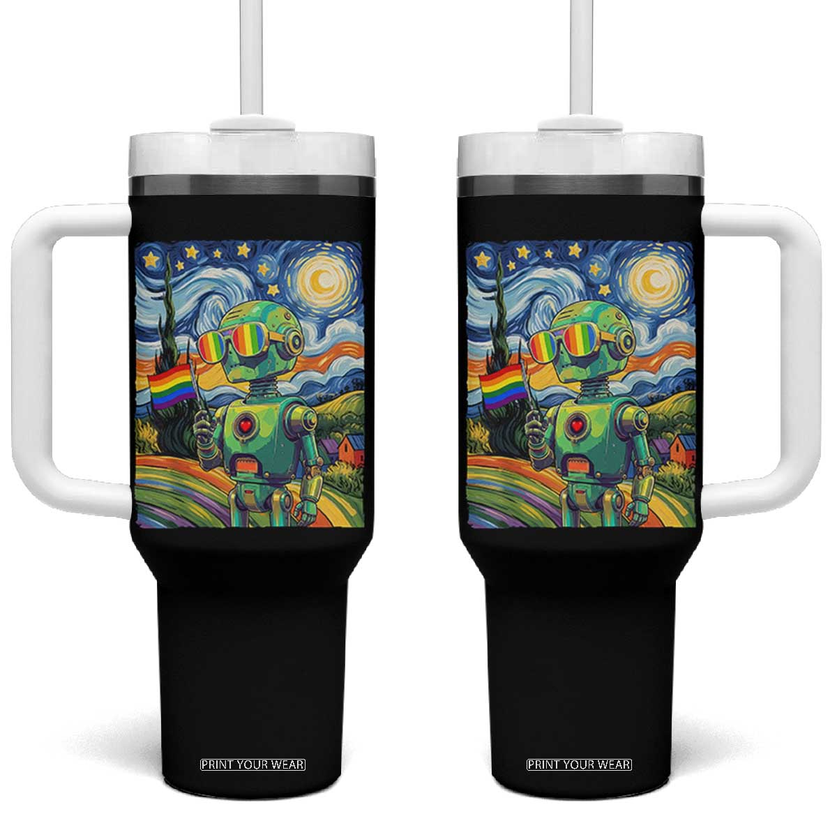 Funny Rainbow Starry Night Robot Pride Tumbler With Handle LGBTQ Geeky Gift TS12 One Size: 40 oz Black Print Your Wear