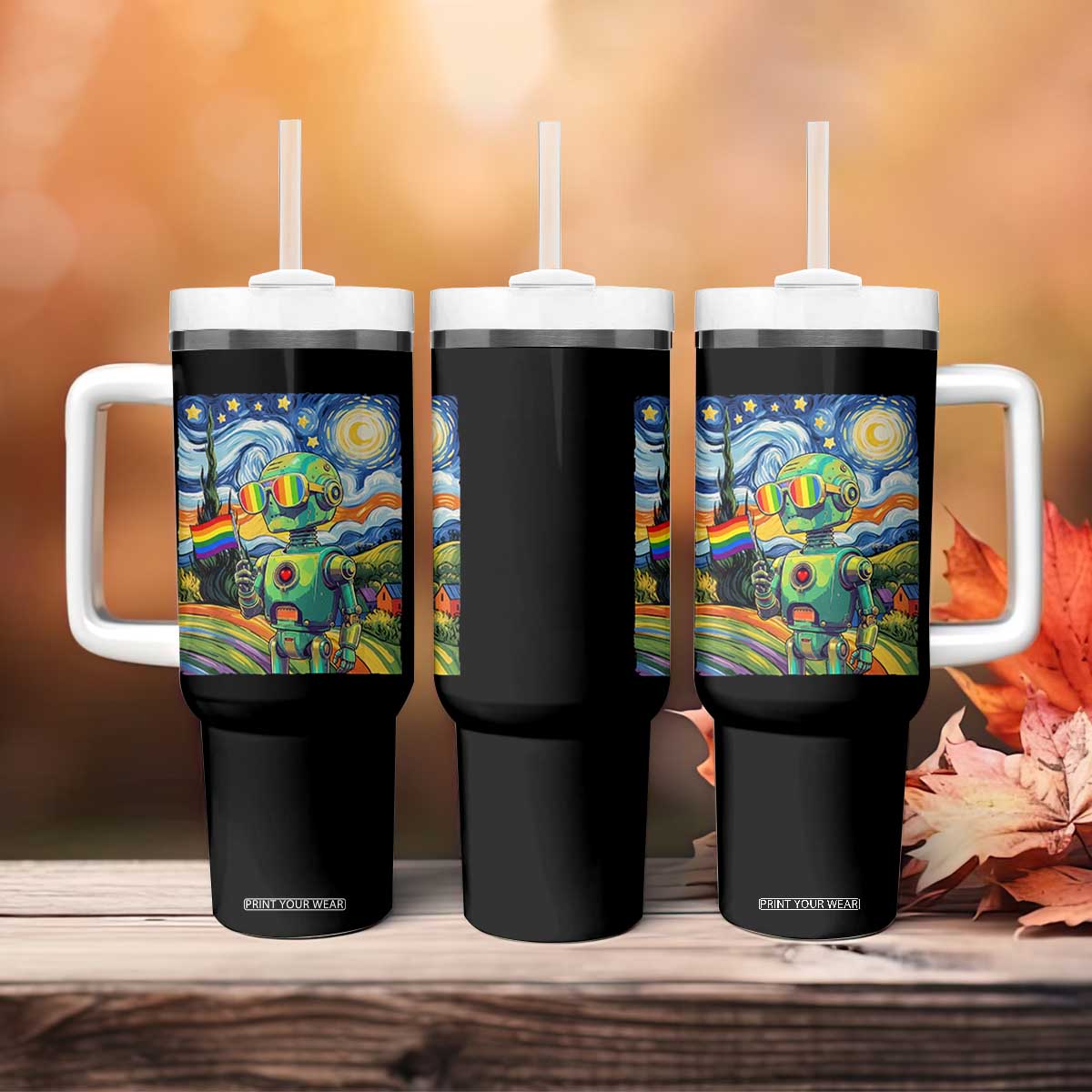 Funny Rainbow Starry Night Robot Pride Tumbler With Handle LGBTQ Geeky Gift TS12 Print Your Wear