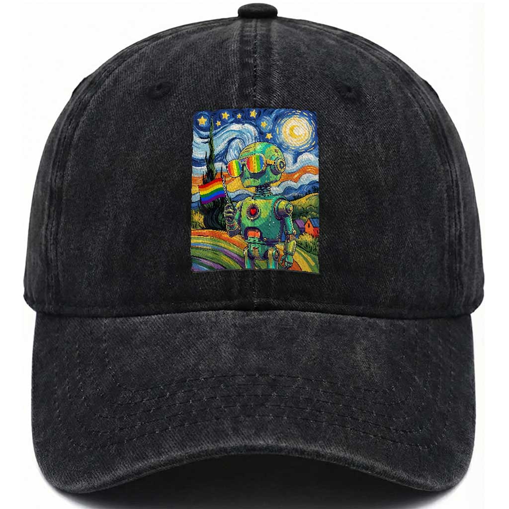 Funny Rainbow Starry Night Robot Pride Washed Cotton Baseball Cap LGBTQ Geeky Gift TS12 Print Your Wear