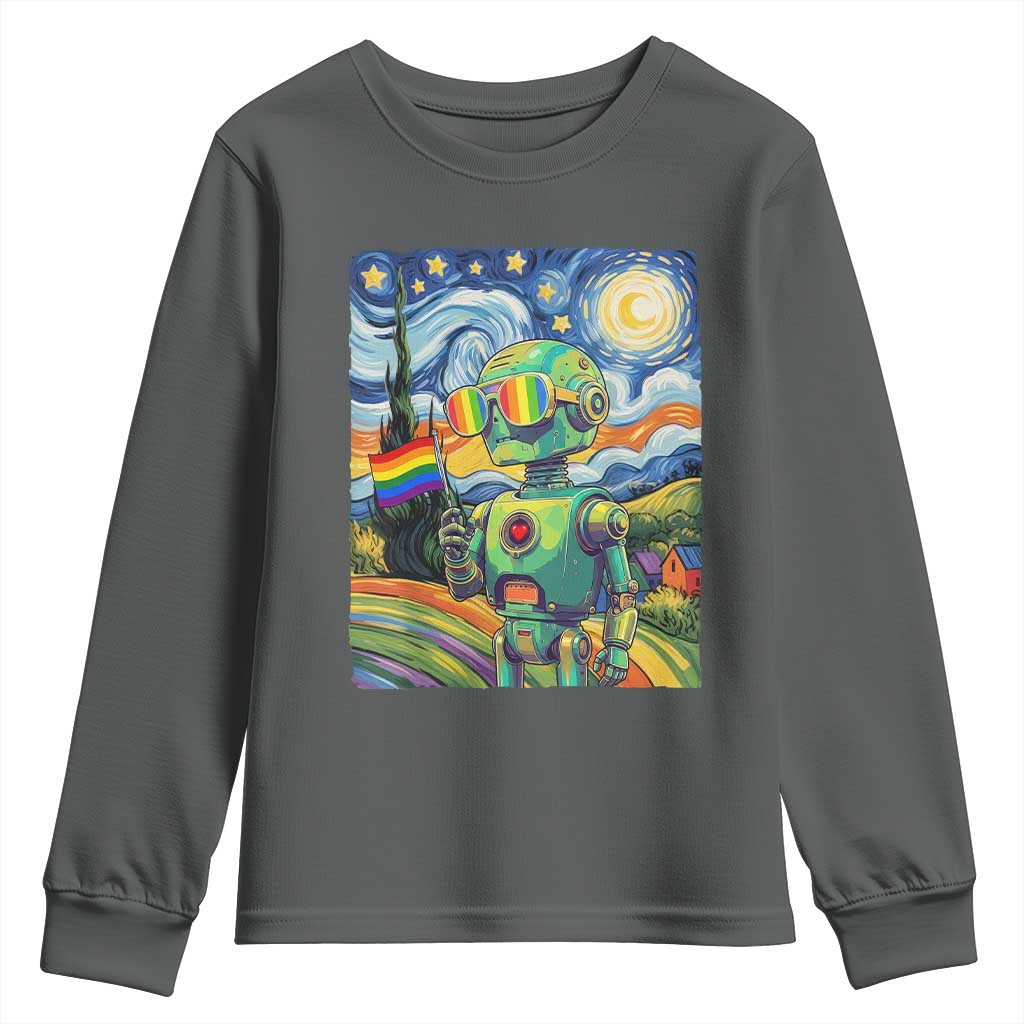 Funny Rainbow Starry Night Robot Pride Youth Sweatshirt LGBTQ Geeky Gift TS12 Dark Heather Print Your Wear