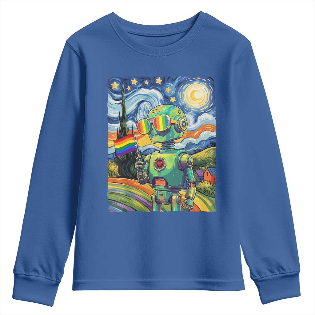 Funny Rainbow Starry Night Robot Pride Youth Sweatshirt LGBTQ Geeky Gift TS12 Royal Blue Print Your Wear