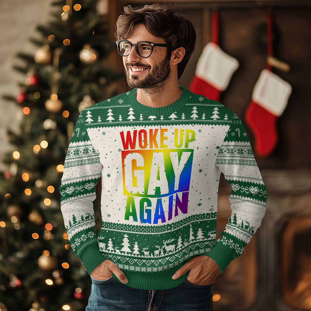 Funny LGBTQ Pride Month Ugly Christmas Sweater Woke Up Gay Again TS12 Beige Green Print Your Wear