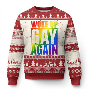Funny LGBTQ Pride Month Ugly Christmas Sweater Woke Up Gay Again TS12 Beige Red Print Your Wear
