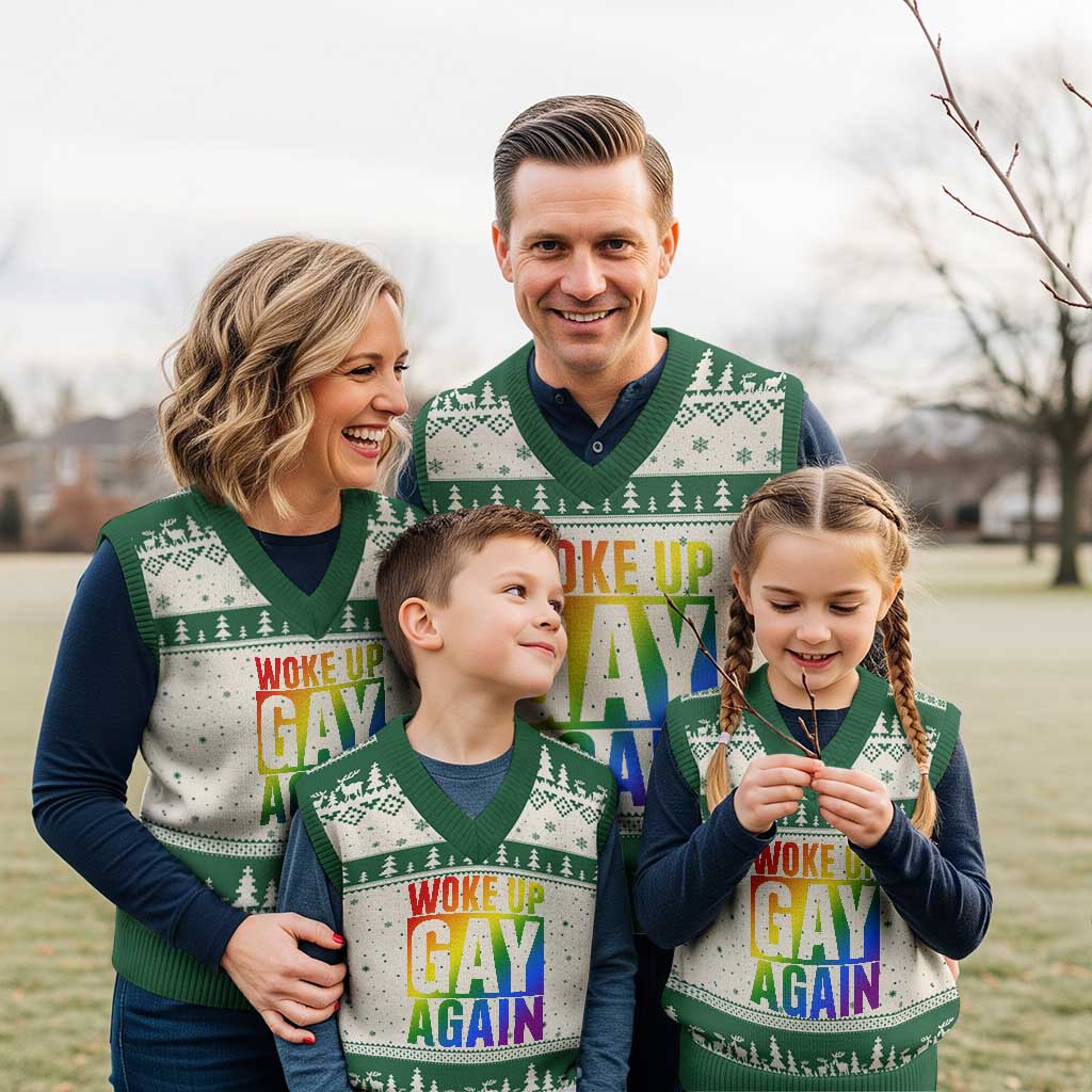Funny LGBTQ Pride Month V-Neck Knit Sweater Vest Woke Up Gay Again TS12 Beige Green Print Your Wear