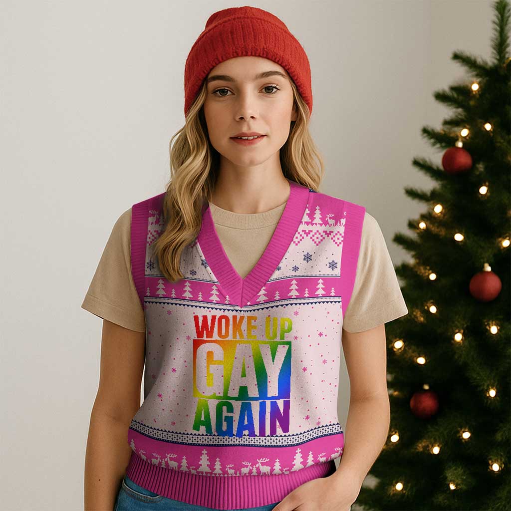 Funny LGBTQ Pride Month V-Neck Knit Sweater Vest Woke Up Gay Again TS12 Hot Pink Print Your Wear