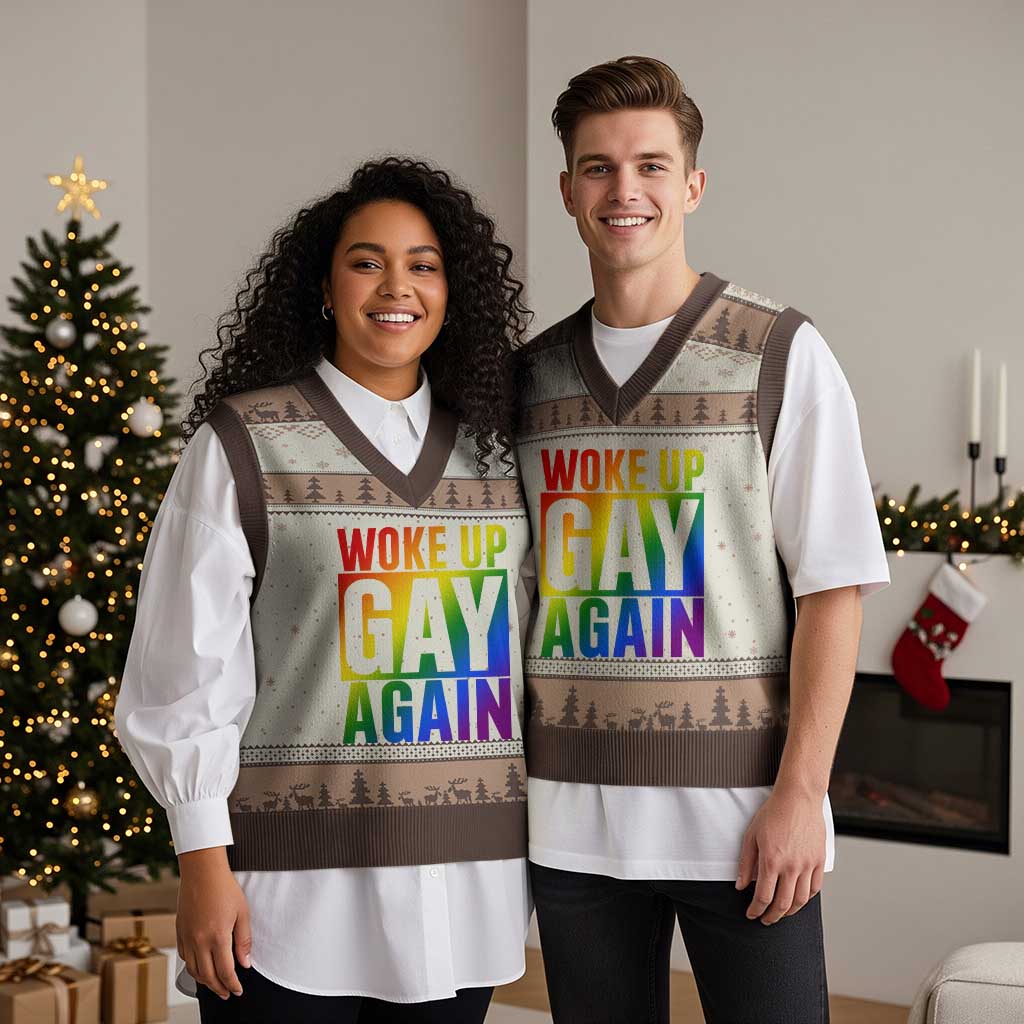 Funny LGBTQ Pride Month V-Neck Knit Sweater Vest Woke Up Gay Again TS12 Mocha Mousse Print Your Wear