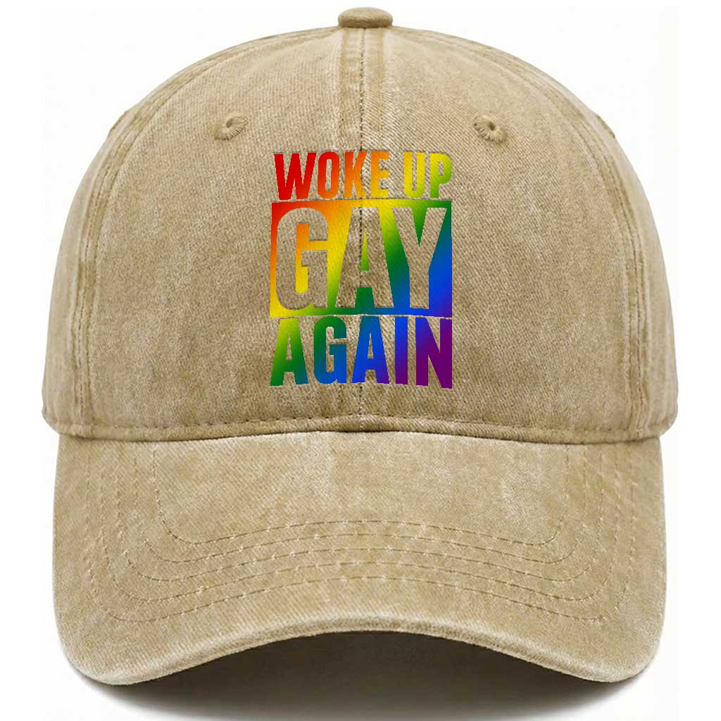 Funny LGBTQ Pride Month Washed Cotton Baseball Cap Woke Up Gay Again TS12 Print Your Wear