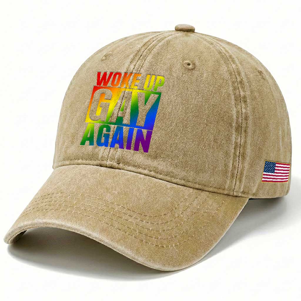 Funny LGBTQ Pride Month Washed Cotton Baseball Cap Woke Up Gay Again TS12 Print Your Wear