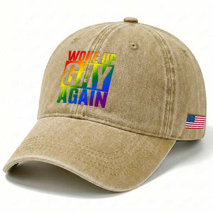 Funny LGBTQ Pride Month Washed Cotton Baseball Cap Woke Up Gay Again TS12 Print Your Wear
