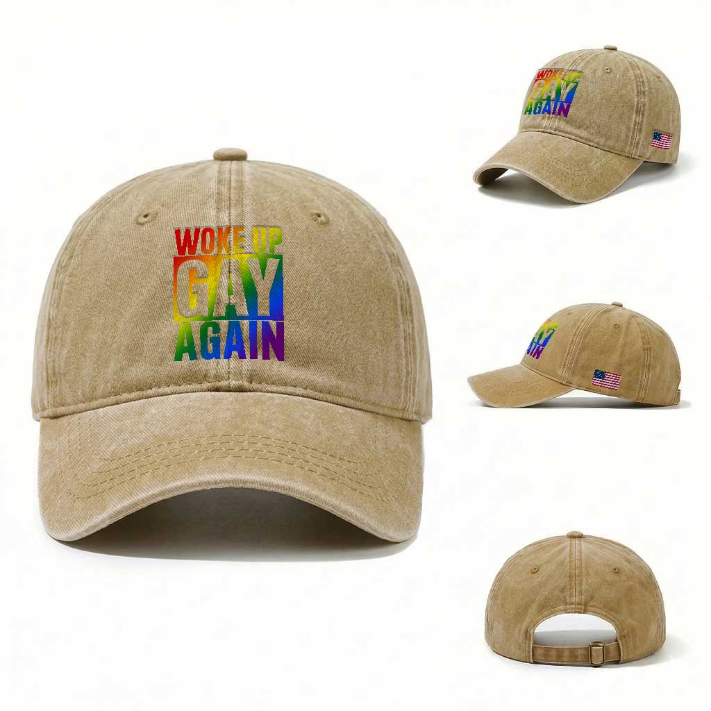Funny LGBTQ Pride Month Washed Cotton Baseball Cap Woke Up Gay Again TS12 Washed Cap Universal Fit Khaki Print Your Wear