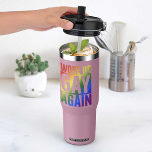 Funny LGBTQ Pride Month Flip Straw Tumbler Woke Up Gay Again TS12 One Size: 30 oz Light Pink Print Your Wear