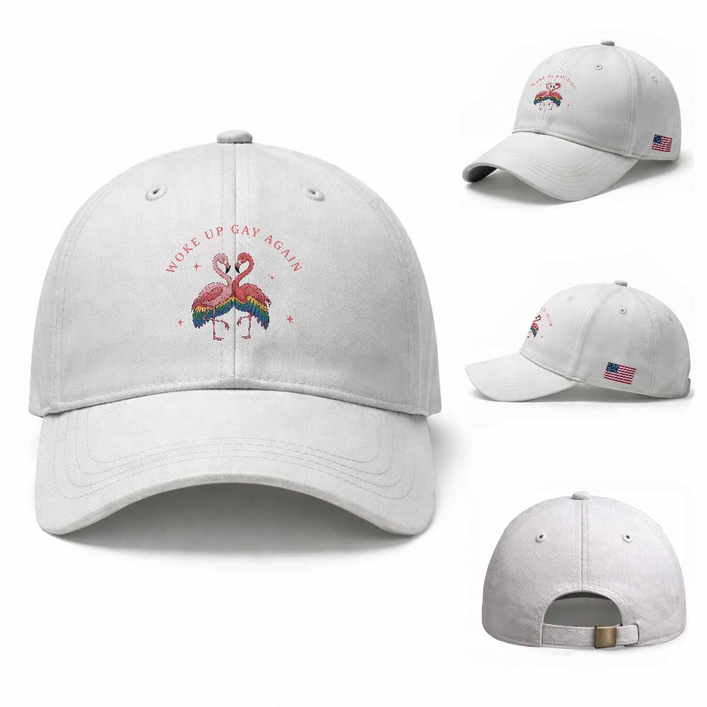 Funny Flamingos Woke Up Gay Again Baseball Cap Gift For Queer Bird Lovers TS12 Baseball Cap Universal Fit White Print Your Wear