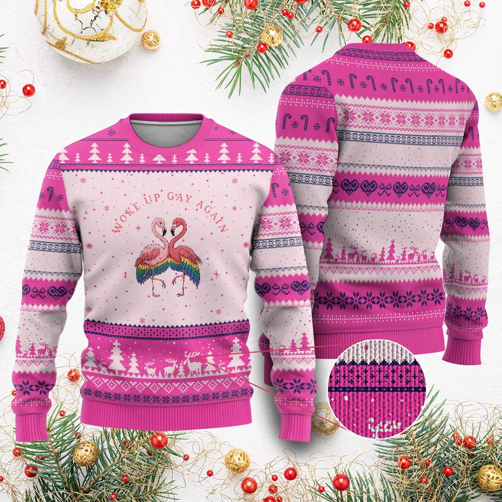 Funny Flamingos Woke Up Gay Again Ugly Christmas Sweater Gift For Queer Bird Lovers TS12 Hot Pink Print Your Wear