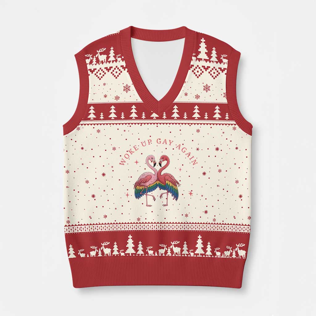 Funny Flamingos Woke Up Gay Again V-Neck Knit Sweater Vest Gift For Queer Bird Lovers TS12 Beige Red Print Your Wear