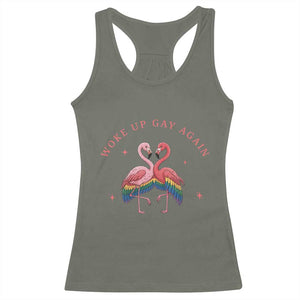 Funny Flamingos Woke Up Gay Again Racerback Tank Top Gift For Queer Bird Lovers TS12 Military Green Print Your Wear
