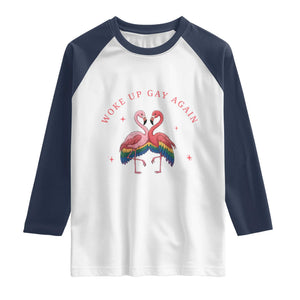 Funny Flamingos Woke Up Gay Again Raglan Shirt Gift For Queer Bird Lovers TS12 White Navy Print Your Wear