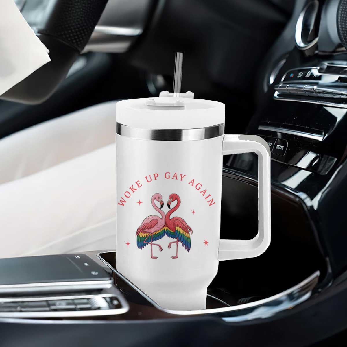 Funny Flamingos Woke Up Gay Again Tumbler With Handle Gift For Queer Bird Lovers TS12 Print Your Wear