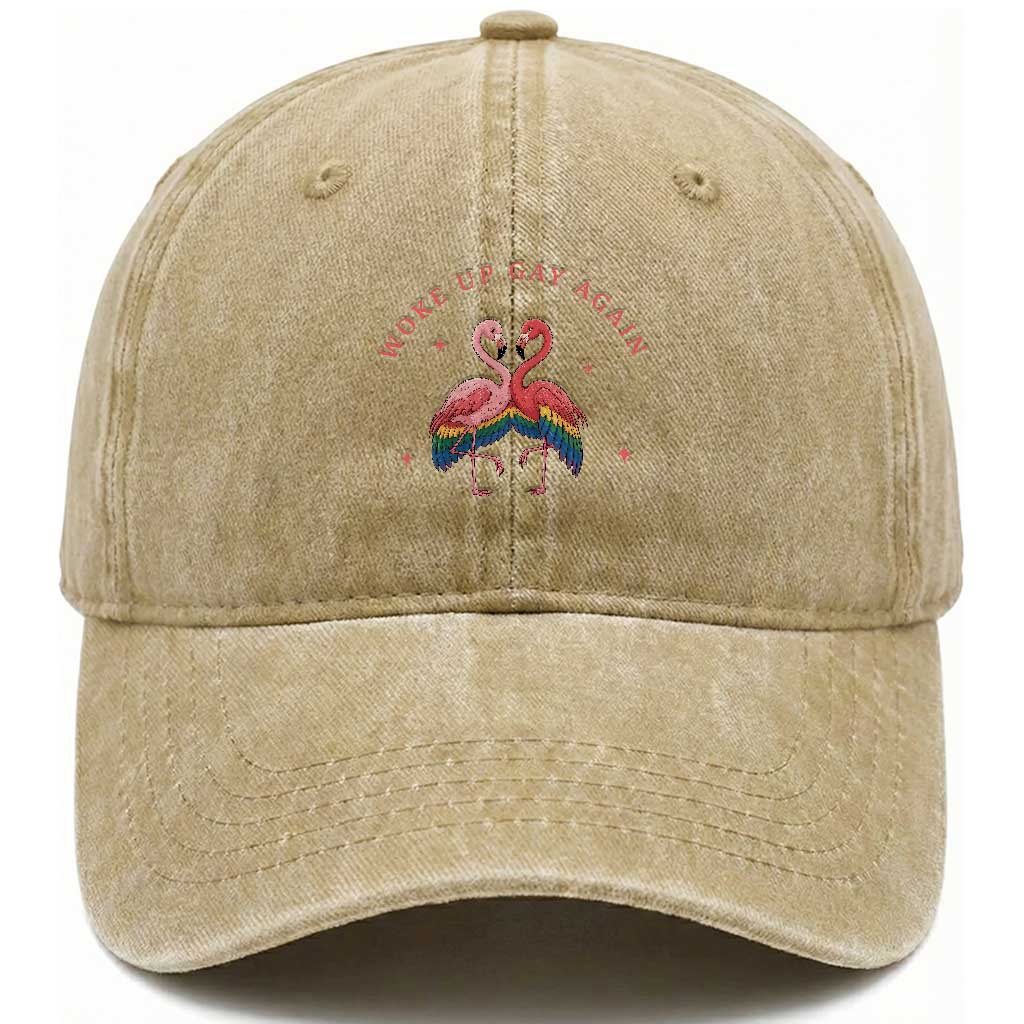 Funny Flamingos Woke Up Gay Again Washed Cotton Baseball Cap Gift For Queer Bird Lovers TS12 Print Your Wear