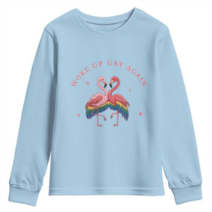 Funny Flamingos Woke Up Gay Again Youth Sweatshirt Gift For Queer Bird Lovers TS12 Light Blue Print Your Wear