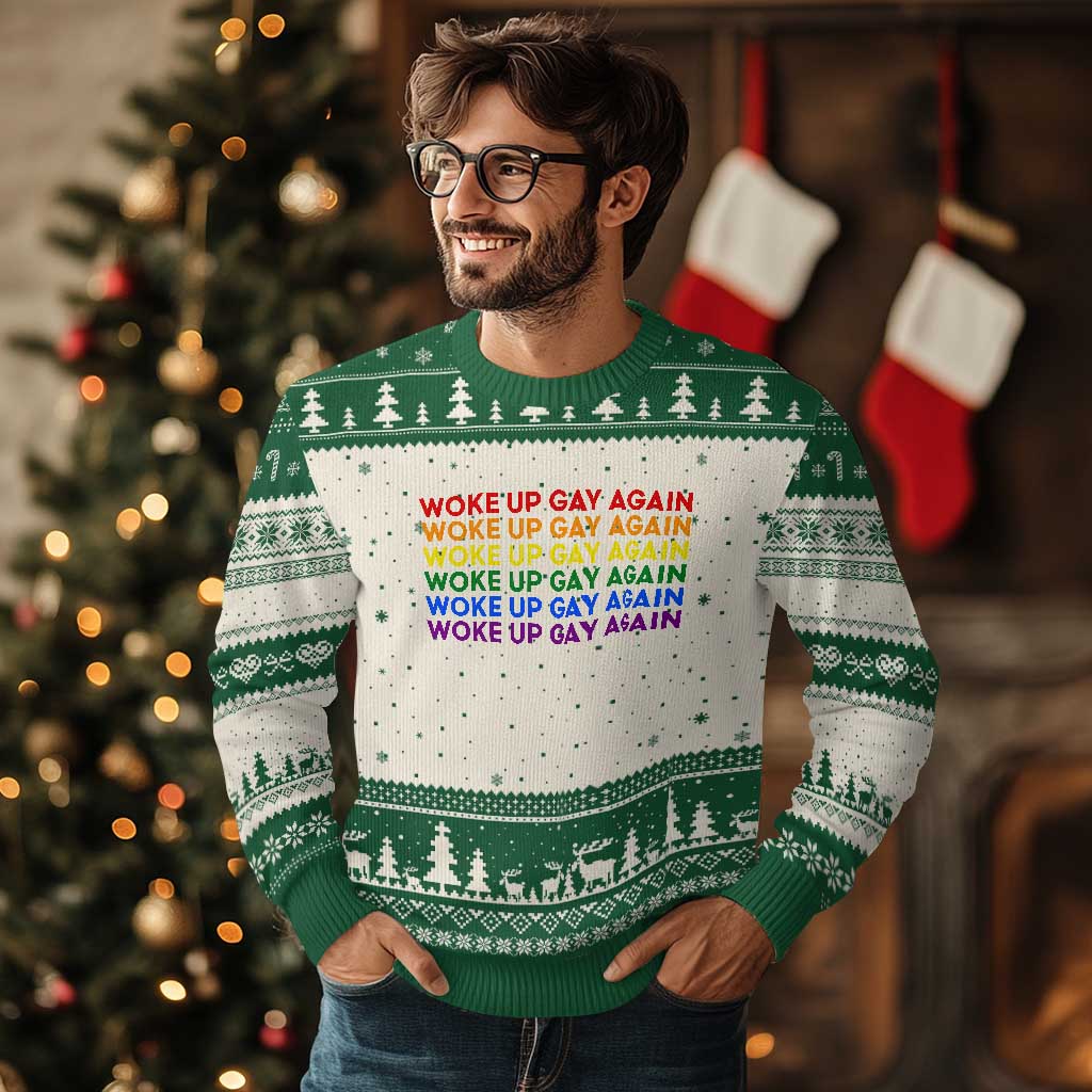 Woke Up Gay Again Ugly Christmas Sweater Funny LGBTQ Rainbow Typography TS12 Beige Green Print Your Wear