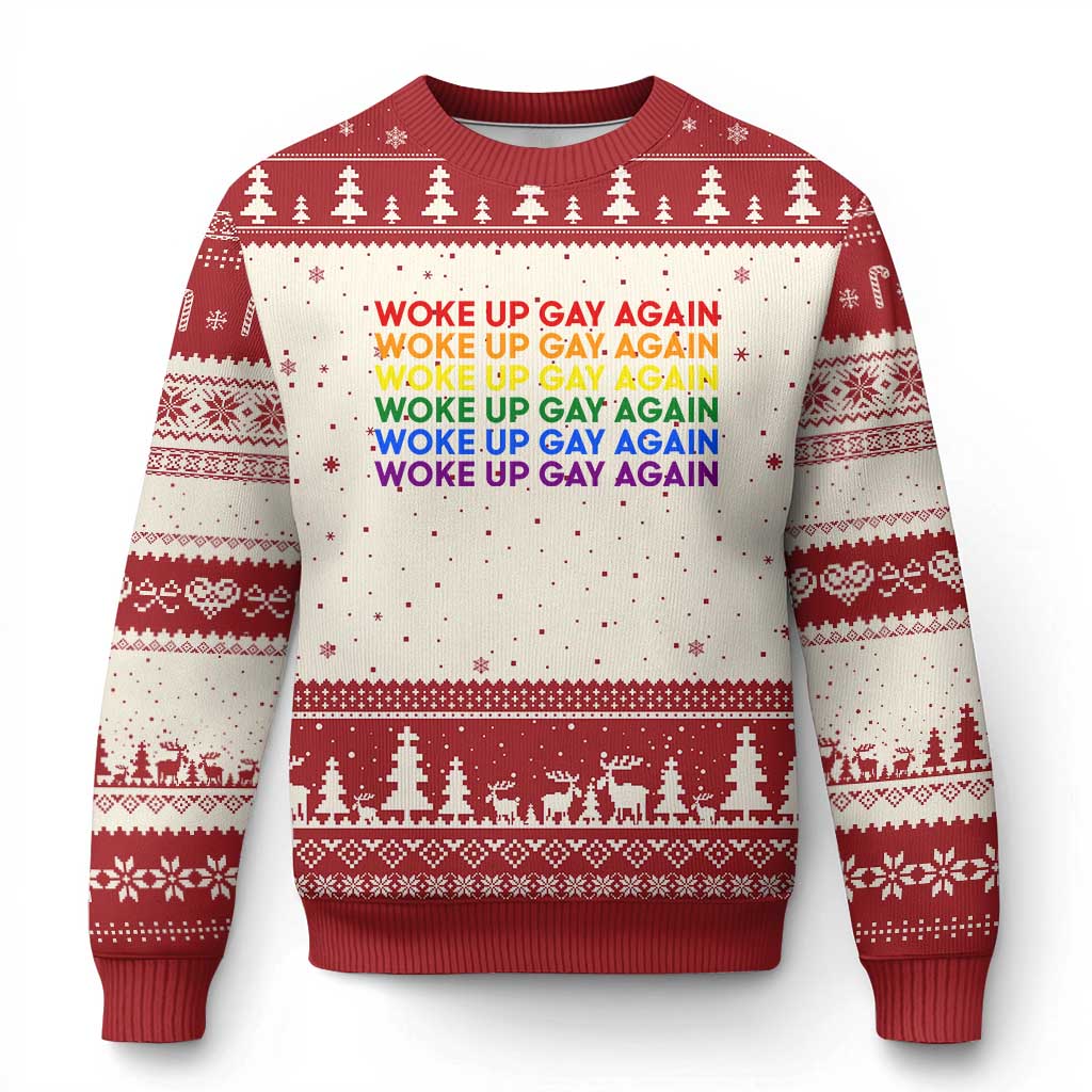 Woke Up Gay Again Ugly Christmas Sweater Funny LGBTQ Rainbow Typography TS12 Beige Red Print Your Wear