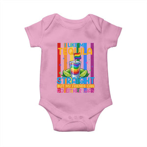I Like My Tequila Straight But My Friends Go Either Way Baby Onesie Funny LGBTQ Drinking TS12 Light Pink Print Your Wear
