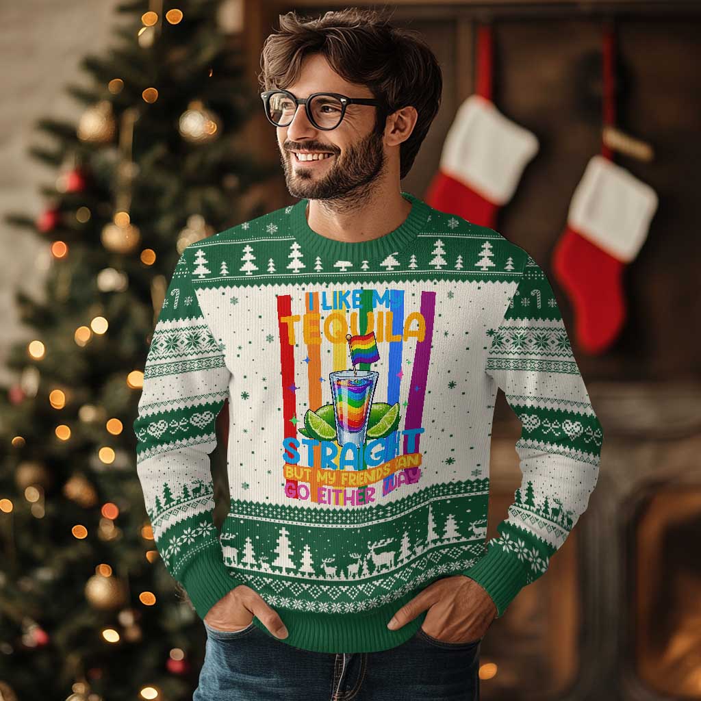 I Like My Tequila Straight But My Friends Go Either Way Ugly Christmas Sweater Funny LGBTQ Drinking TS12 Beige Green Print Your Wear