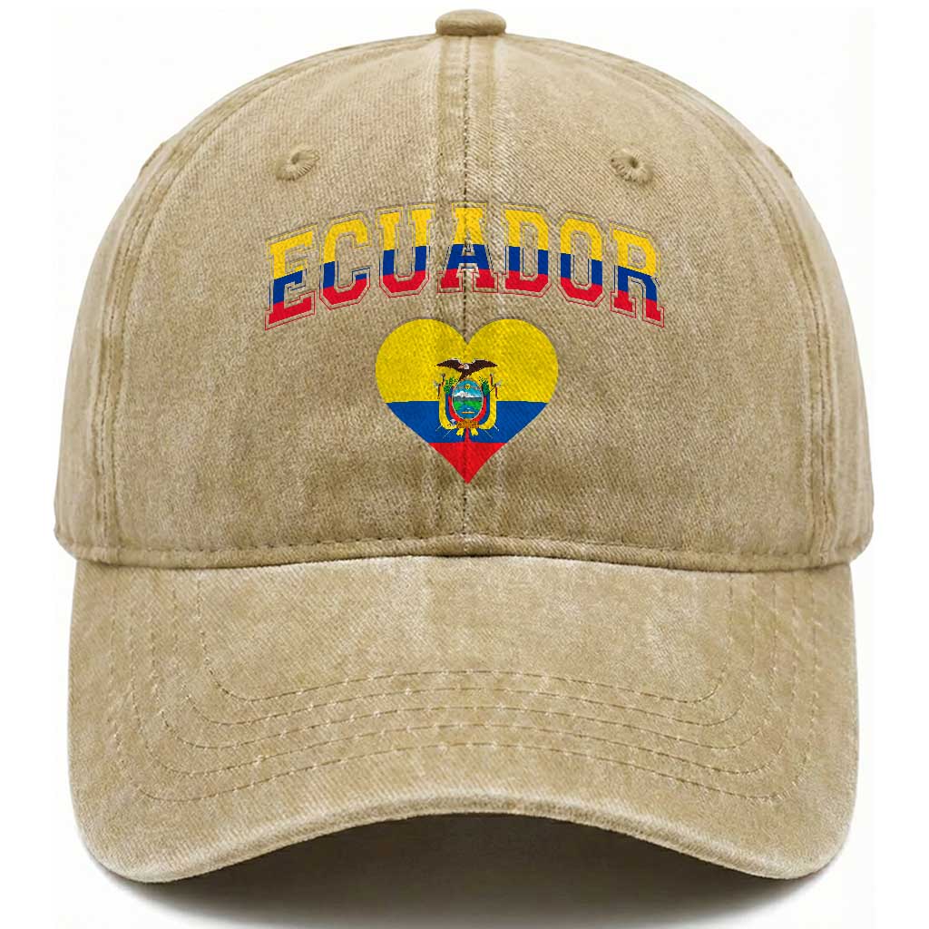 Vintage Ecuador Flag Heart Washed Cotton Baseball Cap Proud Ecuadorian Heritage Gift