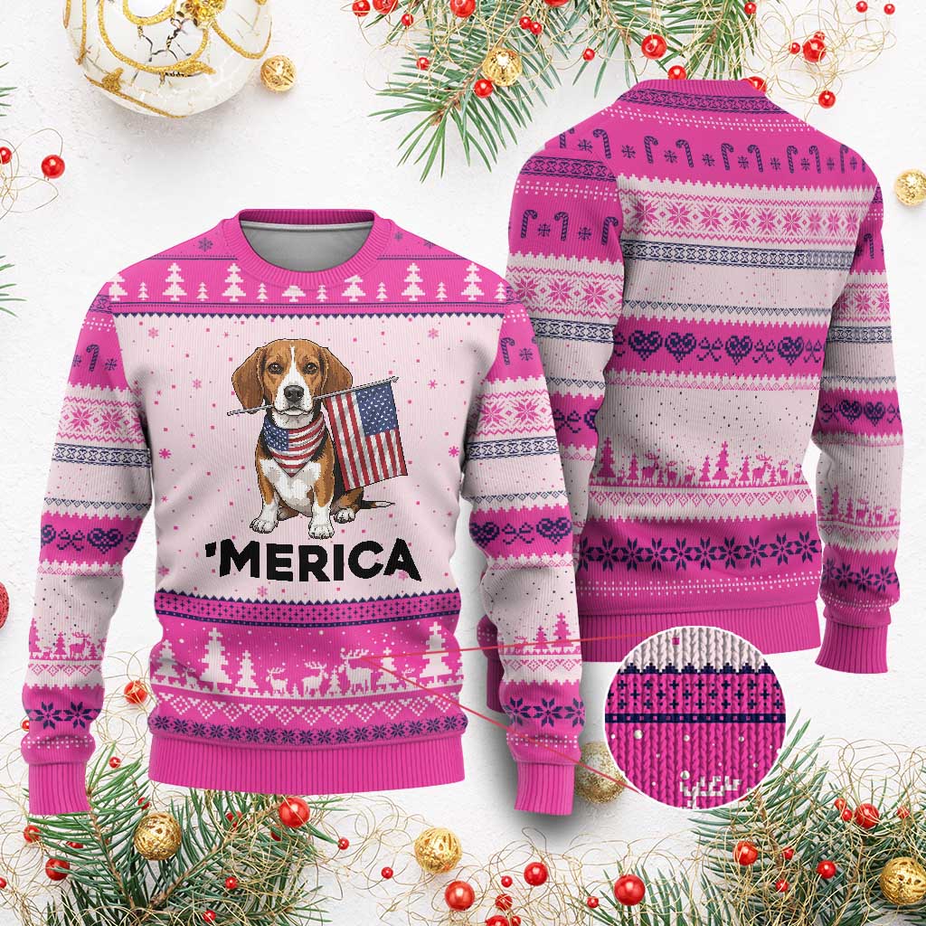 Patriotic Beagle Lover 4th Of July Dog Ugly Christmas Sweater Merica Pride TS12 Hot Pink Print Your Wear