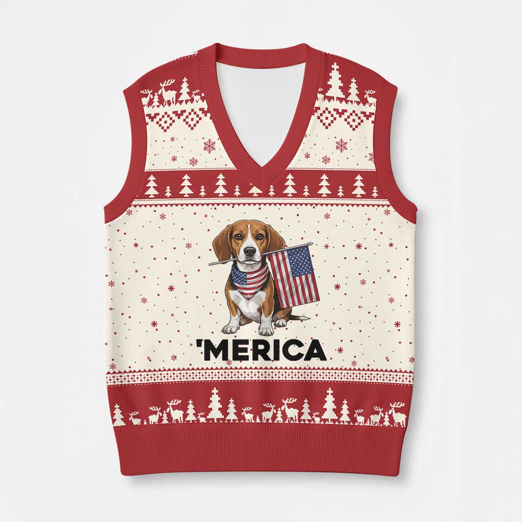 Patriotic Beagle Lover 4th Of July Dog V-Neck Knit Sweater Vest Merica Pride TS12 Beige Red Print Your Wear