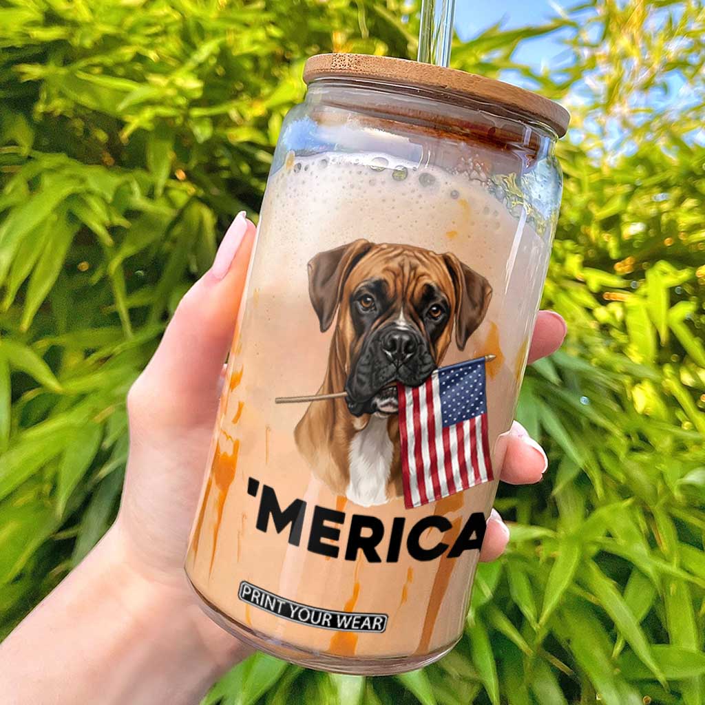 Merica Patriotic Boxer Mom Dad Gift Glass Can Merica 4th Of July