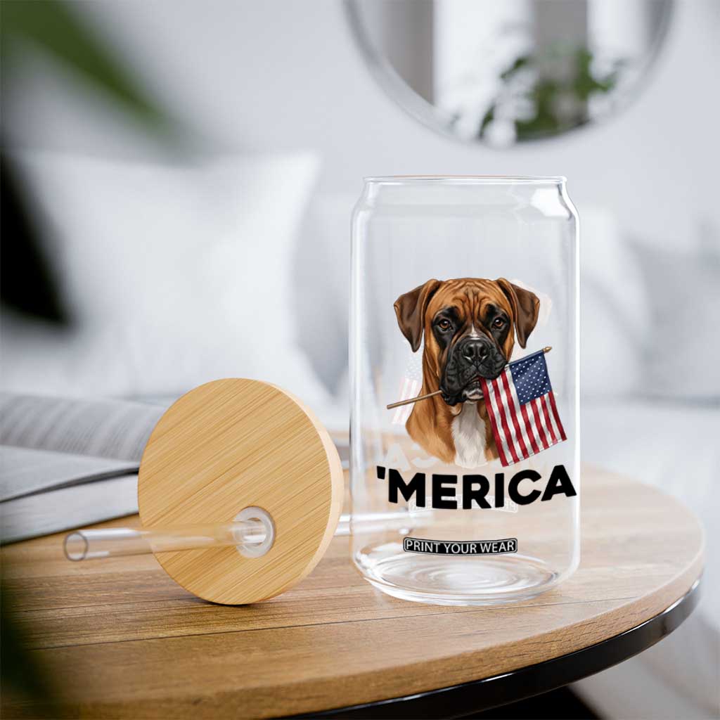Merica Patriotic Boxer Mom Dad Gift Glass Can Merica 4th Of July