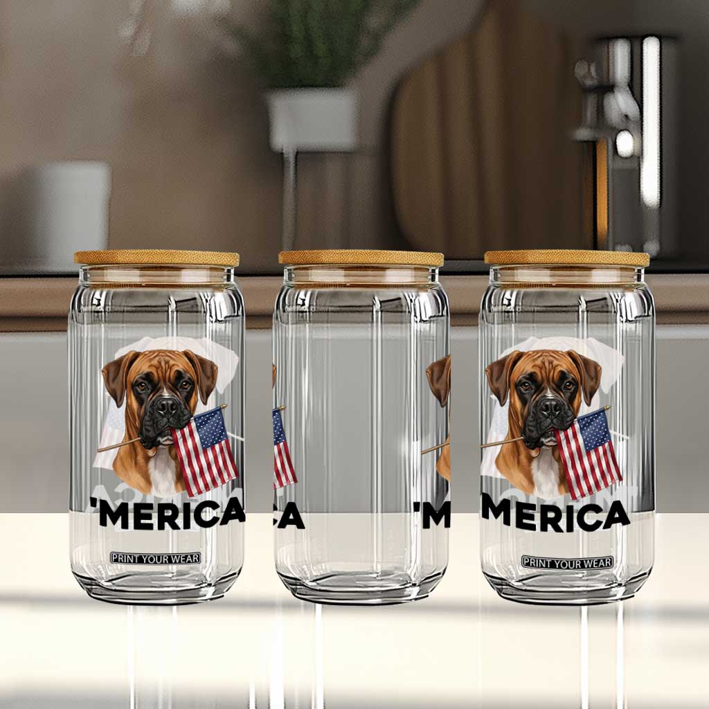 Merica Patriotic Boxer Mom Dad Gift Glass Can Merica 4th Of July