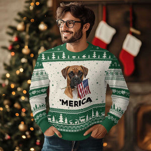 Merica Patriotic Boxer Mom Dad Gift Ugly Christmas Sweater Merica 4th Of July TS12 Beige Green Print Your Wear