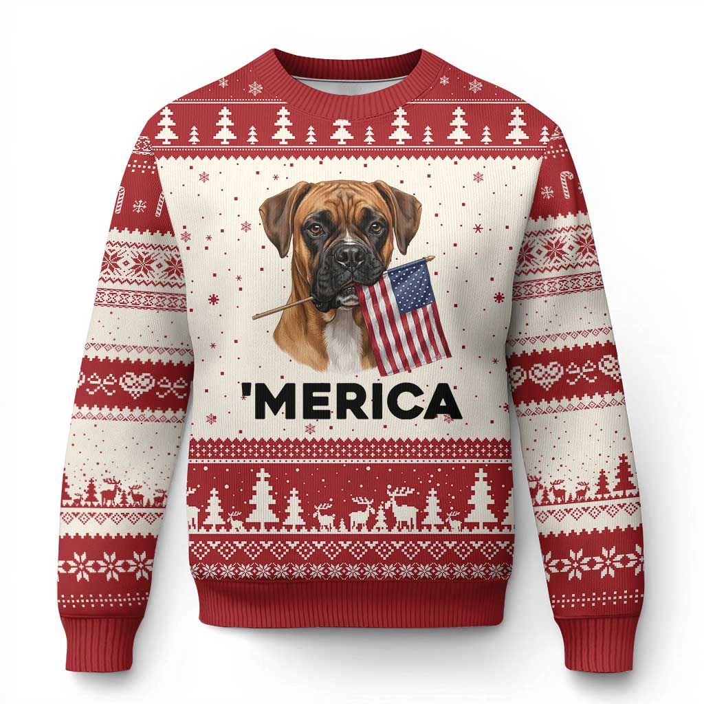 Merica Patriotic Boxer Mom Dad Gift Ugly Christmas Sweater Merica 4th Of July TS12 Beige Red Print Your Wear