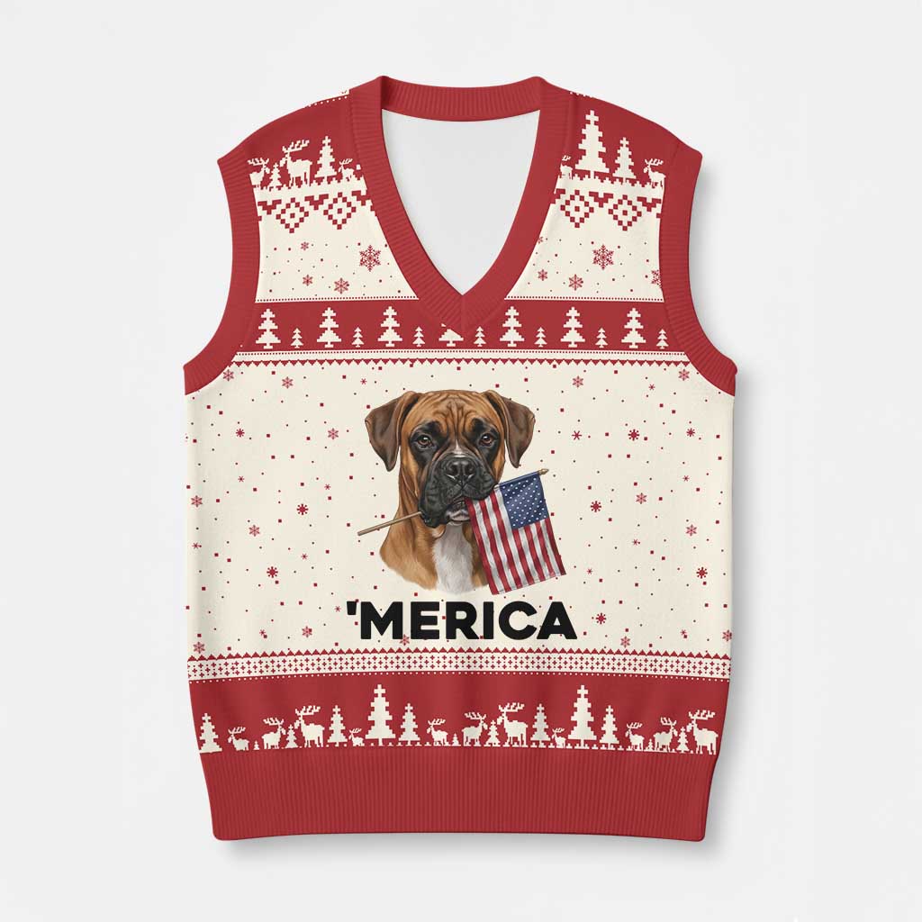 Merica Patriotic Boxer Mom Dad Gift V-Neck Knit Sweater Vest Merica 4th Of July TS12 Beige Red Print Your Wear