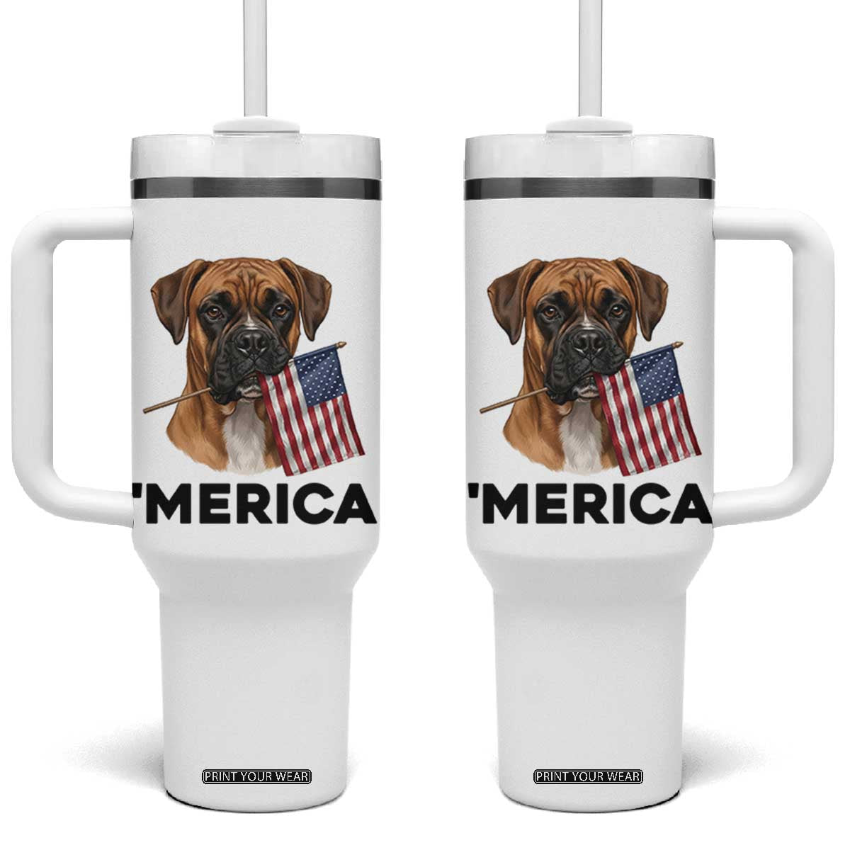Merica Patriotic Boxer Mom Dad Gift Tumbler With Handle Merica 4th Of July TS12 One Size: 40 oz White Print Your Wear