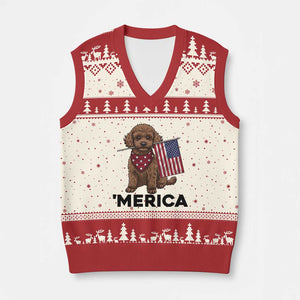 Patriotic Poodle Mom Dad Gift V-Neck Knit Sweater Vest Merica 4th Of July TS12 Beige Red Print Your Wear